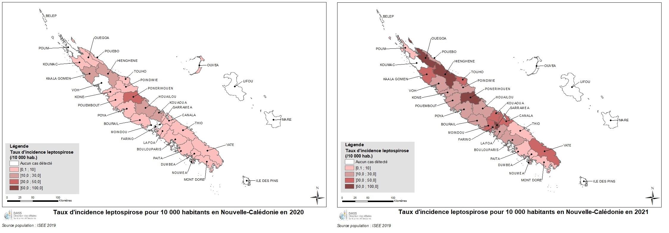 Cartes du taux d'incidence de leptospirose en NC en 2020 (à gauche) et 2021 (à droite)